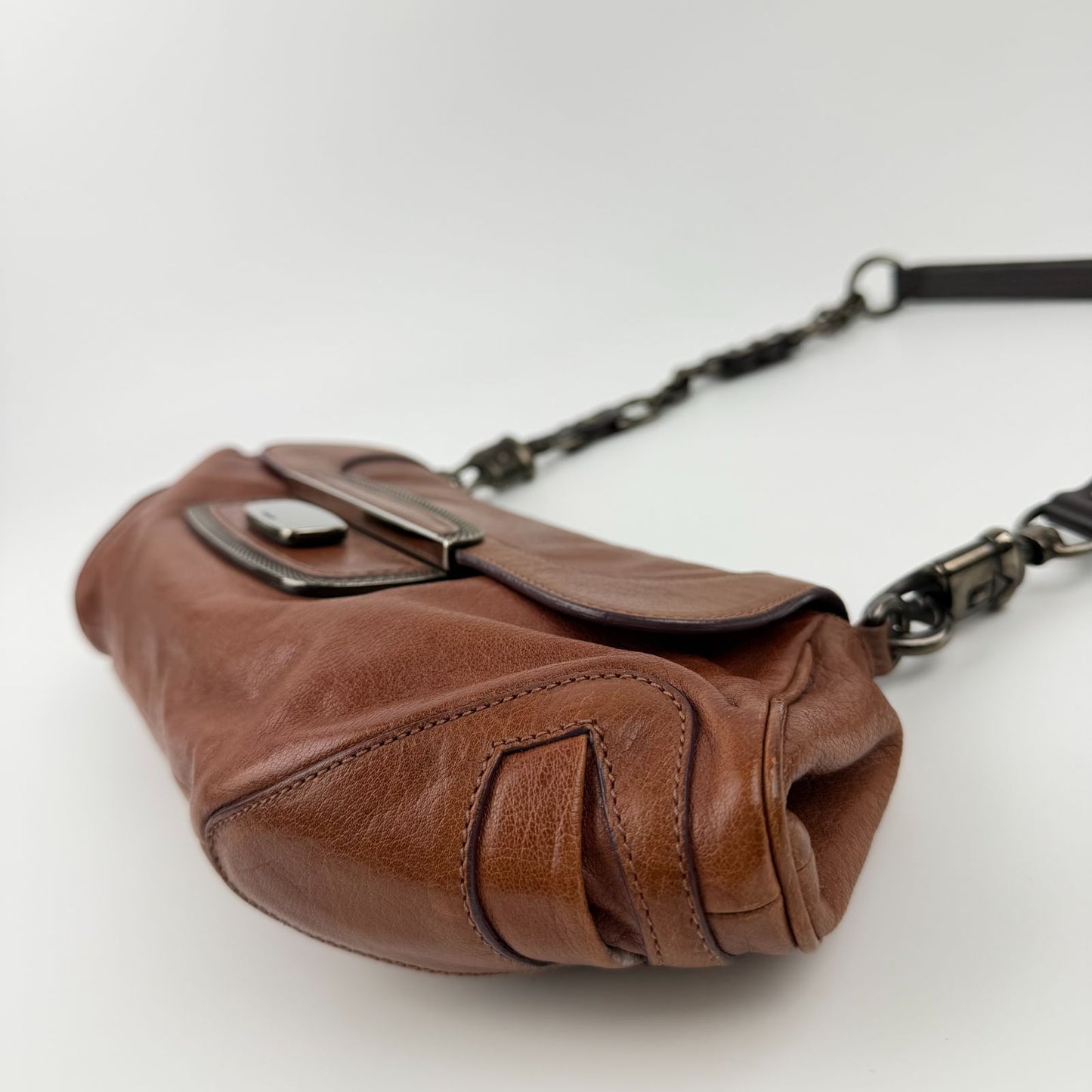 Prada Chain Shoulder Bag Leather Brown Gunmetallic Vintage — view 9