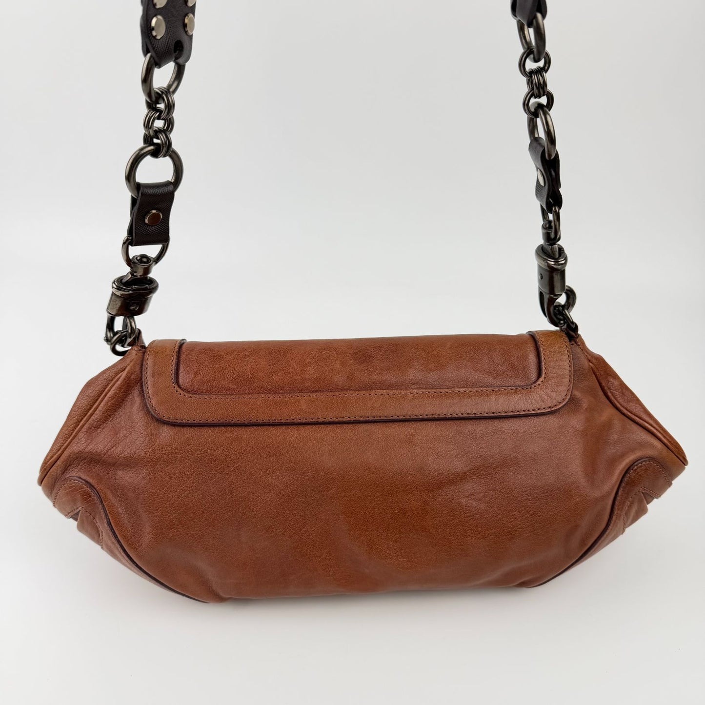 Prada Chain Shoulder Bag Leather Brown Gunmetallic Vintage — view 4