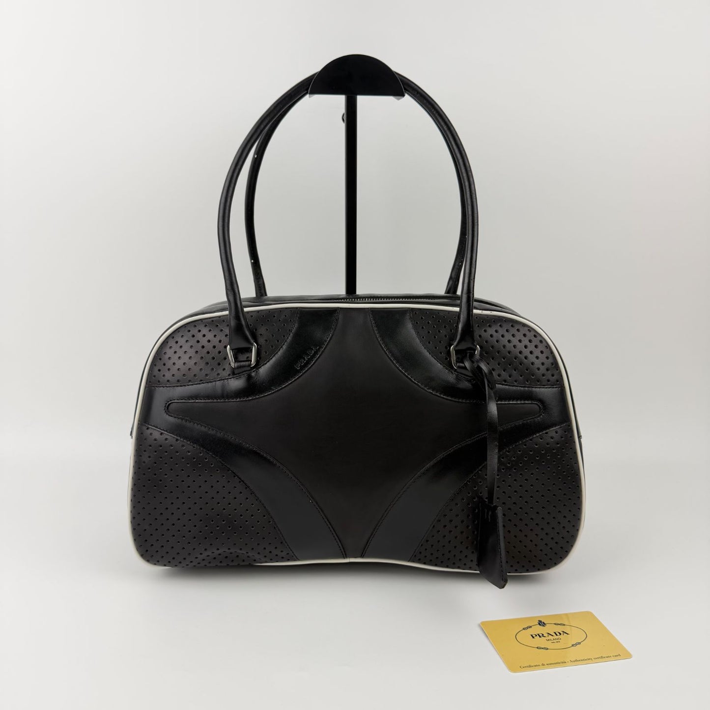 Prada Shoulder Bag Perforated Leather Black Silver Vintage