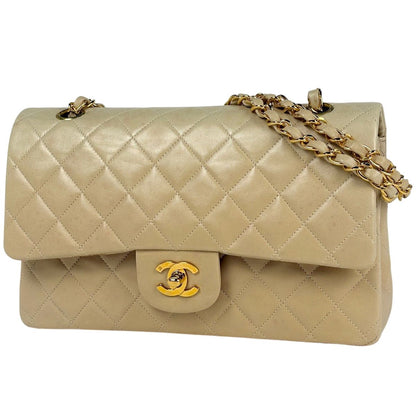 Chanel Quilted Double Flap Chain Shoulder Bag CC Logo Leather Beige