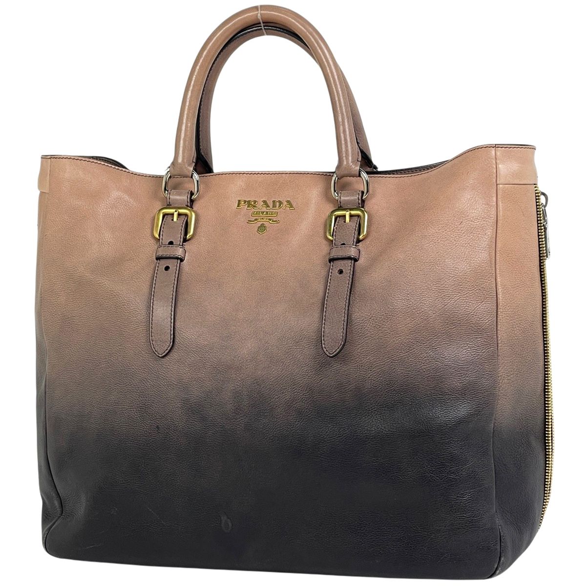 Prada Glace Zipper Handbag Side Leather Beige