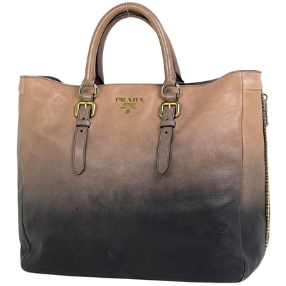 Prada Glace Zipper Handbag Side Leather Beige