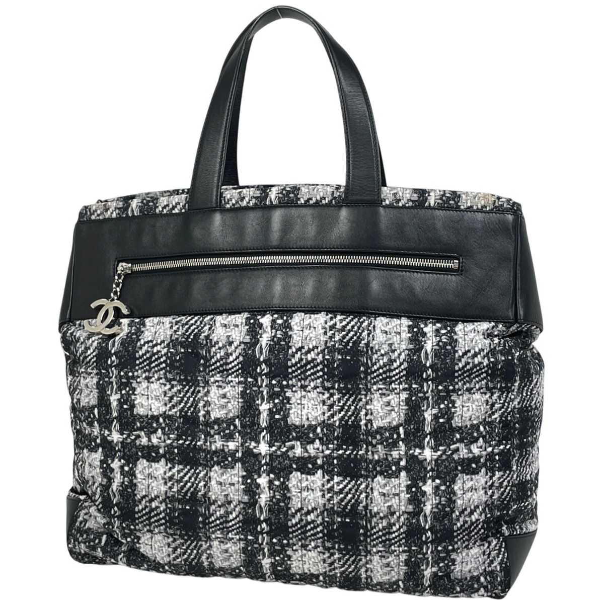 Chanel CC Logo Tote Tweed Print Nylon White Black