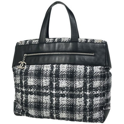 Chanel CC Logo Tote Tweed Print Nylon White Black