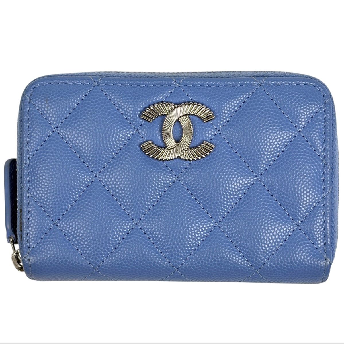 Chanel CC Logo Zip Around Coin Case Card Quilted Caviar Leather Blue