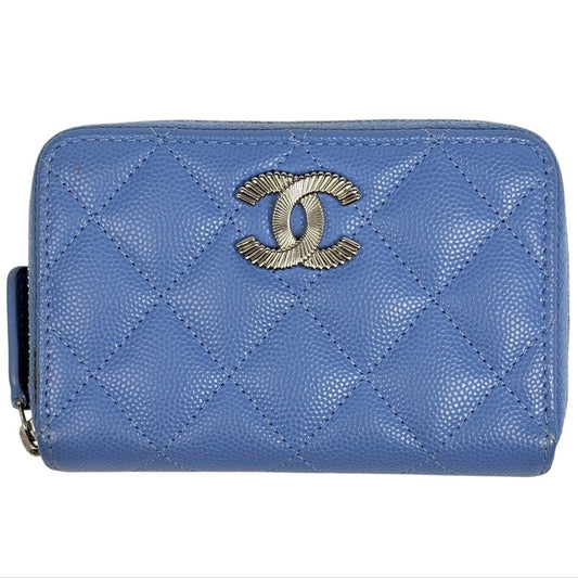 Chanel CC Logo Zip Around Coin Case Card Quilted Caviar Leather Blue
