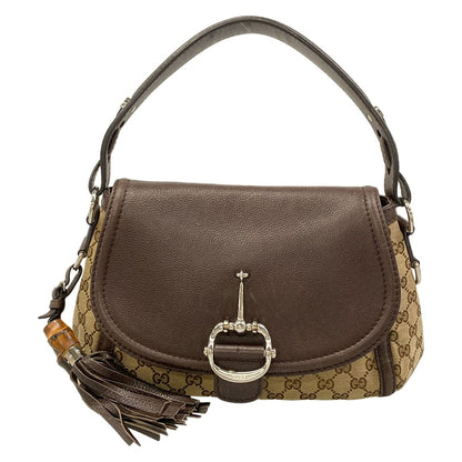 Gucci Shoulder Bag Horsebit GG Pattern Beige Dark Brown Leather