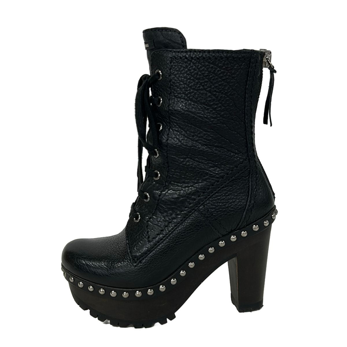 Miu Miu Long Boots 35.5 Black Grained Leather Studded Thick Sole Lace