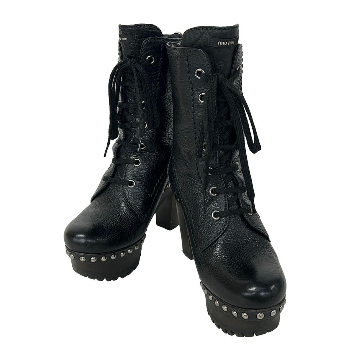 Miu Miu Long Boots 35.5 Black Grained Leather Studded Thick Sole Lace — view 2