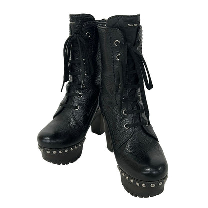 Miu Miu Long Boots 35.5 Black Grained Leather Studded Thick Sole Lace — view 2
