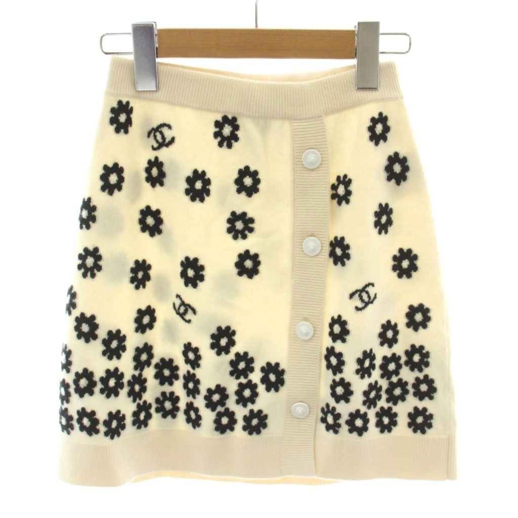 Chanel Knit Skirt Mini Length Cashmere Camellia CC Logo Floral Pattern All Over