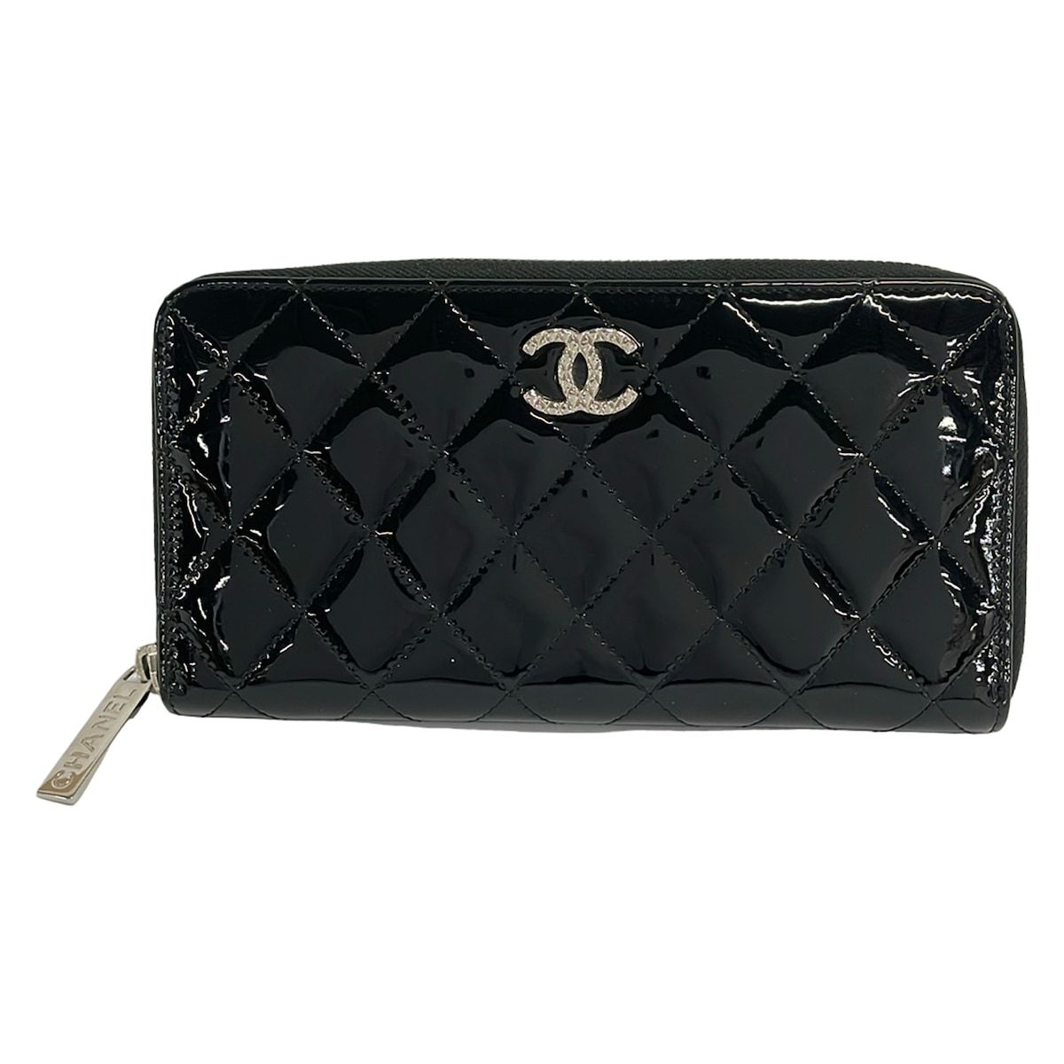 Chanel Wallet Quilted Black Silver Zip Around CC Logo Leather