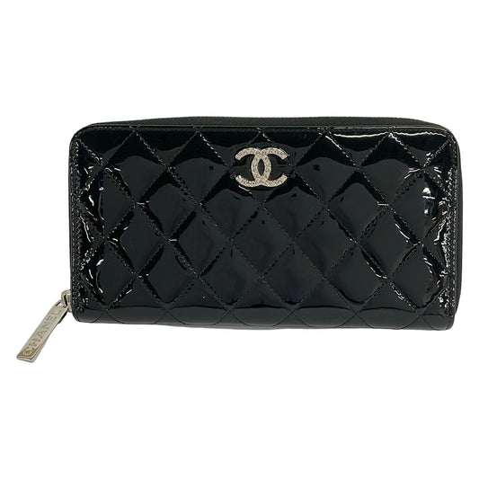Chanel Wallet Quilted Black Silver Zip Around CC Logo Leather