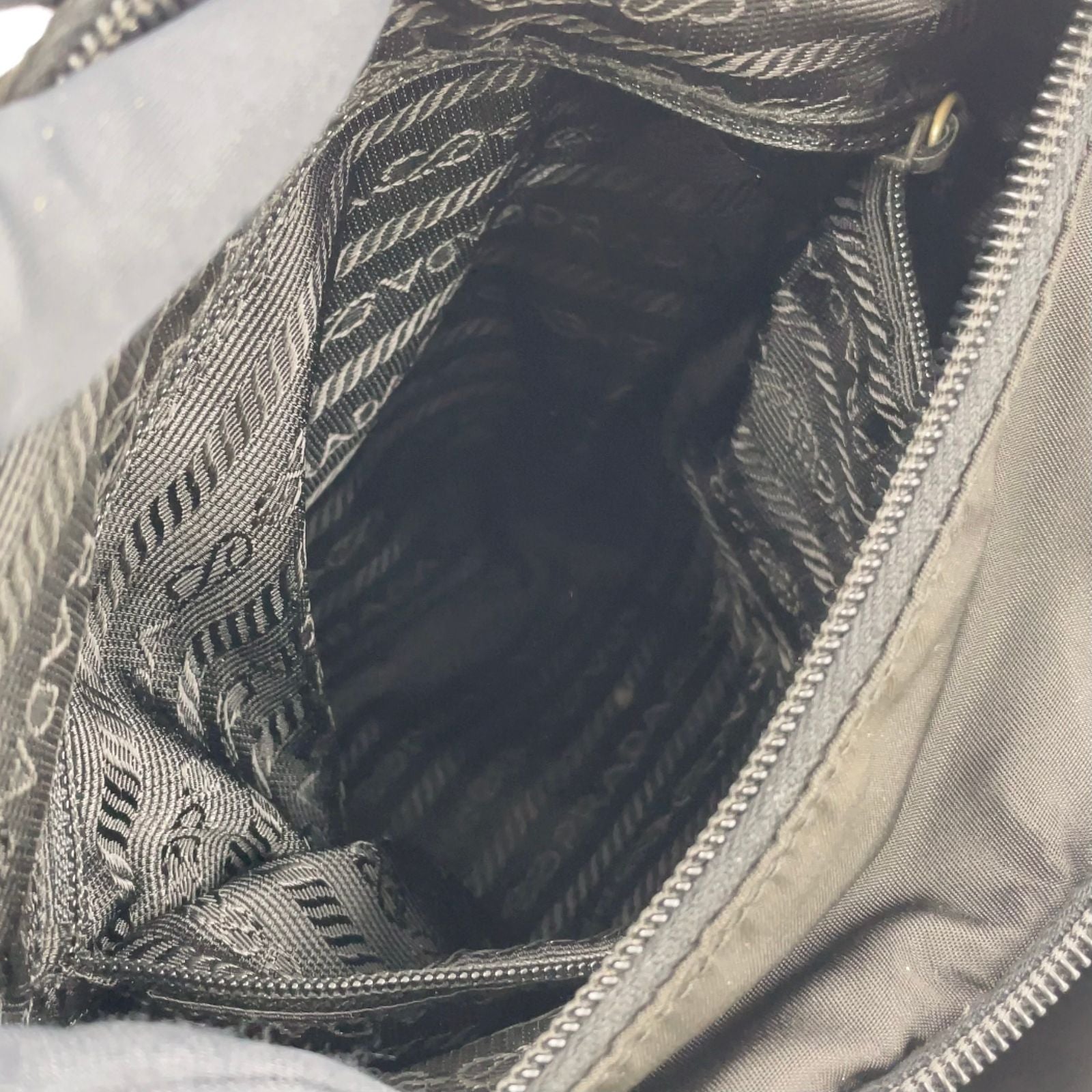 Prada Front Belt Leather Nylon Black Shoulder Bag Silver — view 5