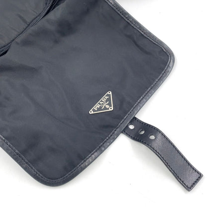 Prada Front Belt Leather Nylon Black Shoulder Bag Silver — view 8