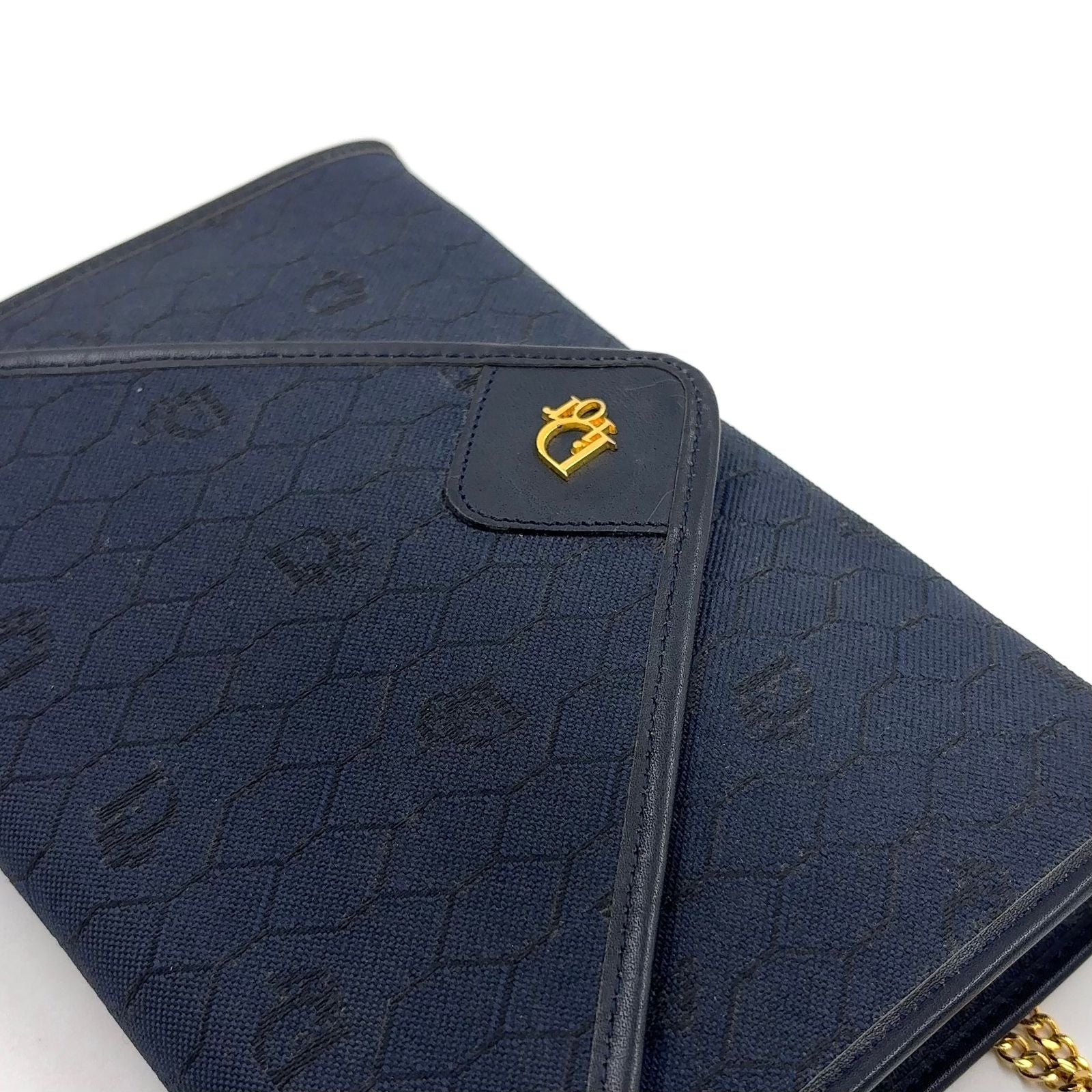 Dior Honeycomb Pattern Leather Canvas Navy Chain Shoulder Bag Gold — view 8