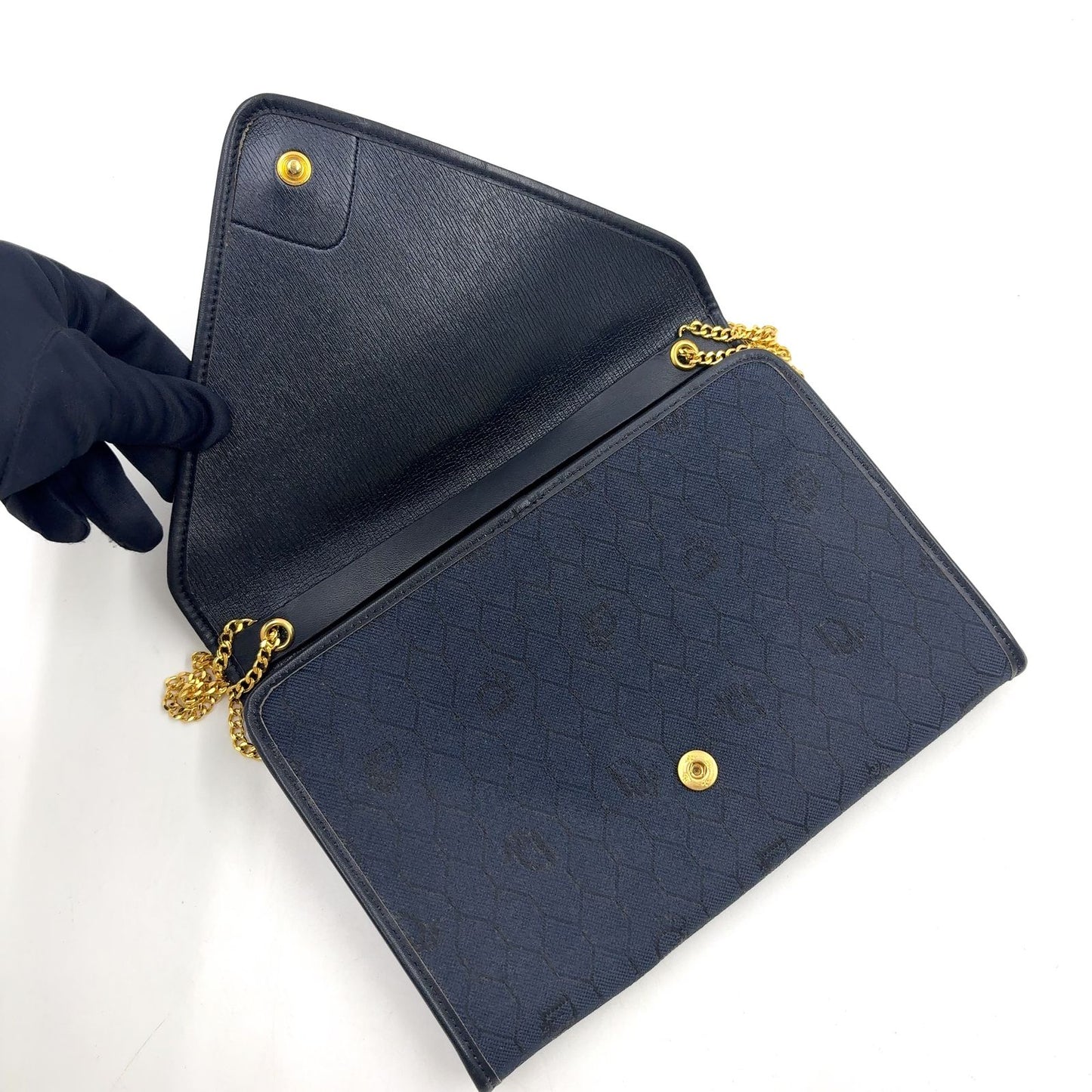 Dior Honeycomb Pattern Leather Canvas Navy Chain Shoulder Bag Gold — view 9