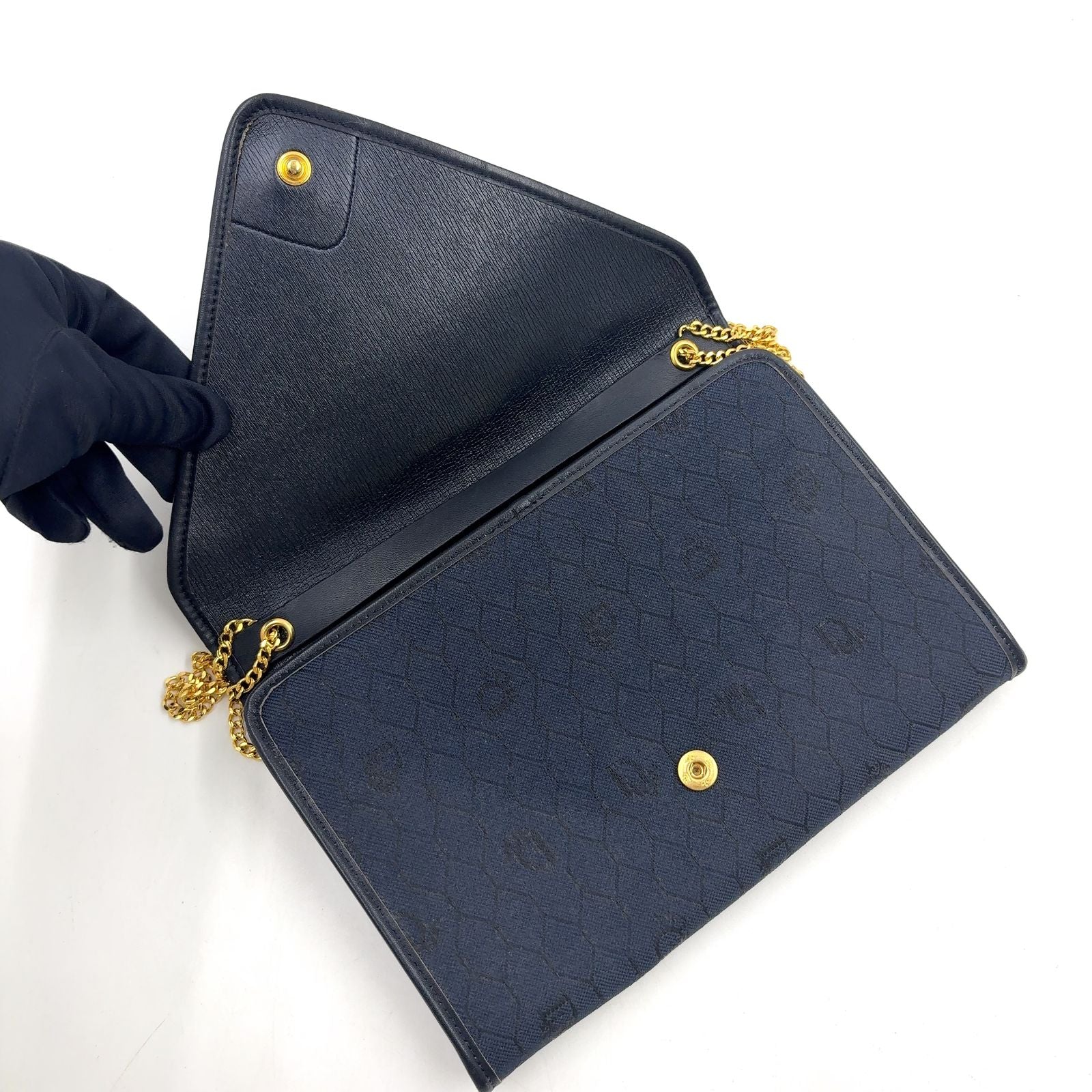 Dior Honeycomb Pattern Leather Canvas Navy Chain Shoulder Bag Gold — view 9