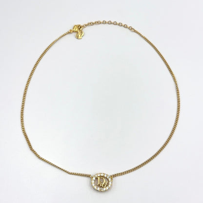 Dior Circle Motif Rhinestone Logo Color Stone Clear Gold Necklace — view 3