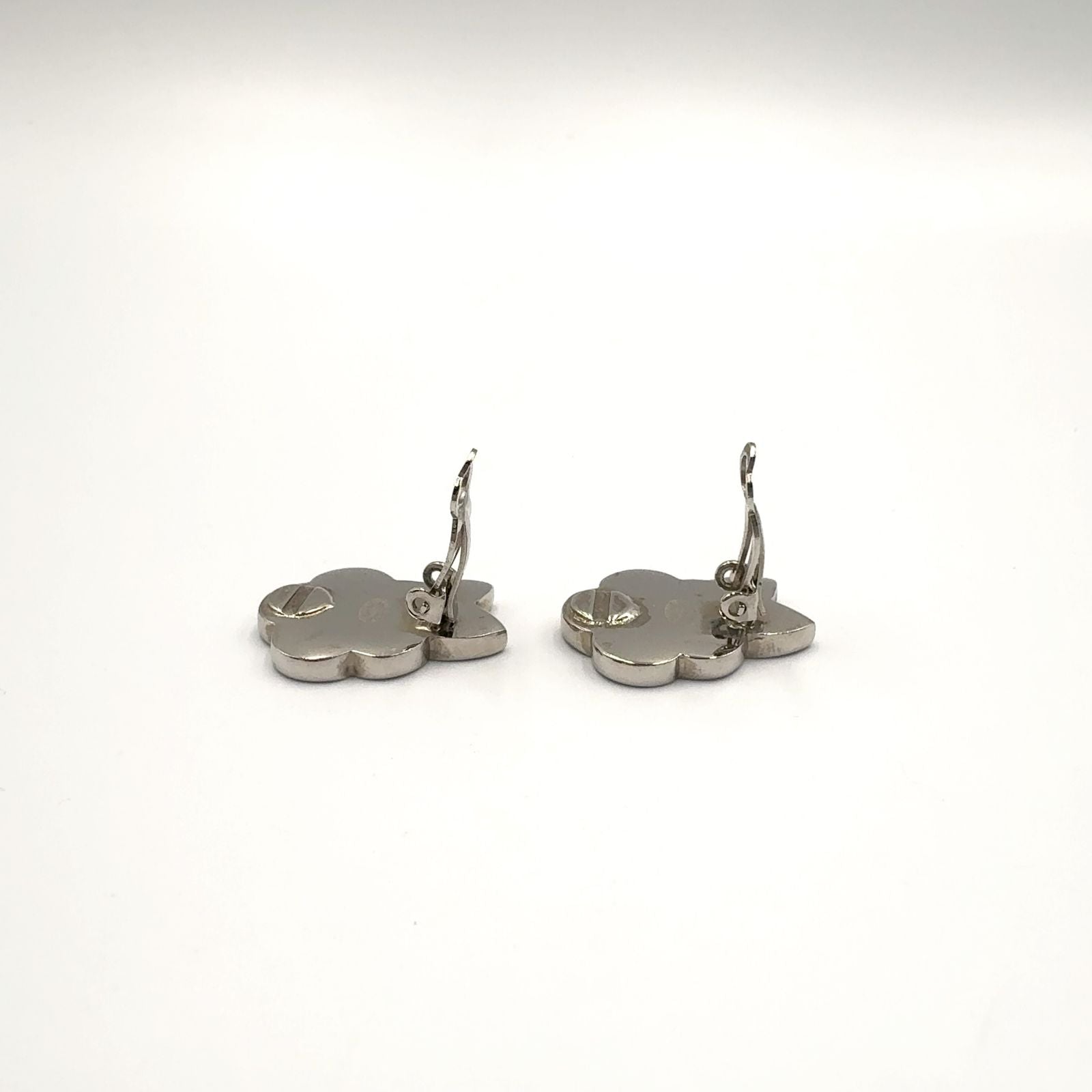 Chanel Camellia CC Logo Metal Silver Black White Earrings — view 5