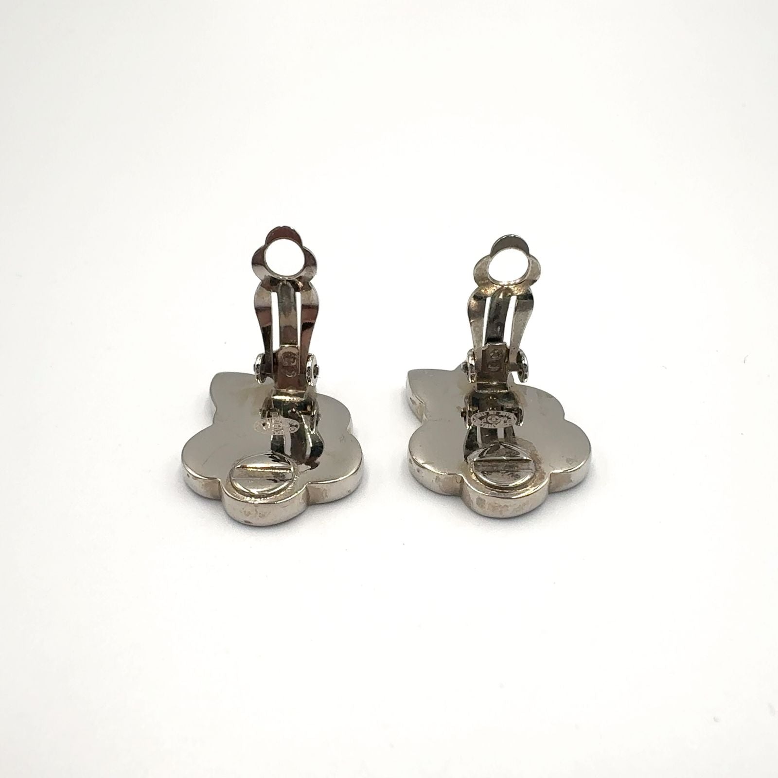 Chanel Camellia CC Logo Metal Silver Black White Earrings — view 6