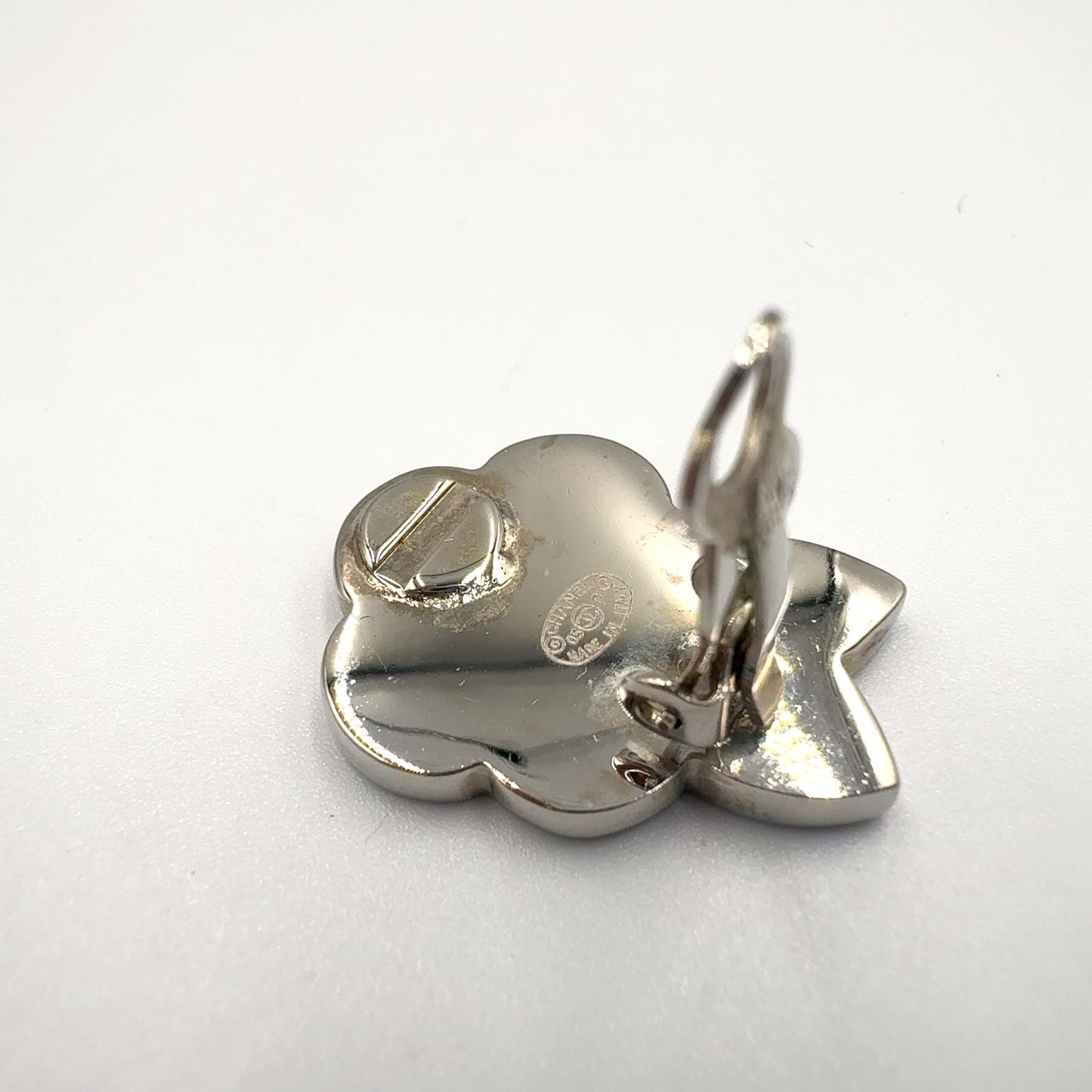 Chanel Camellia CC Logo Metal Silver Black White Earrings — view 7