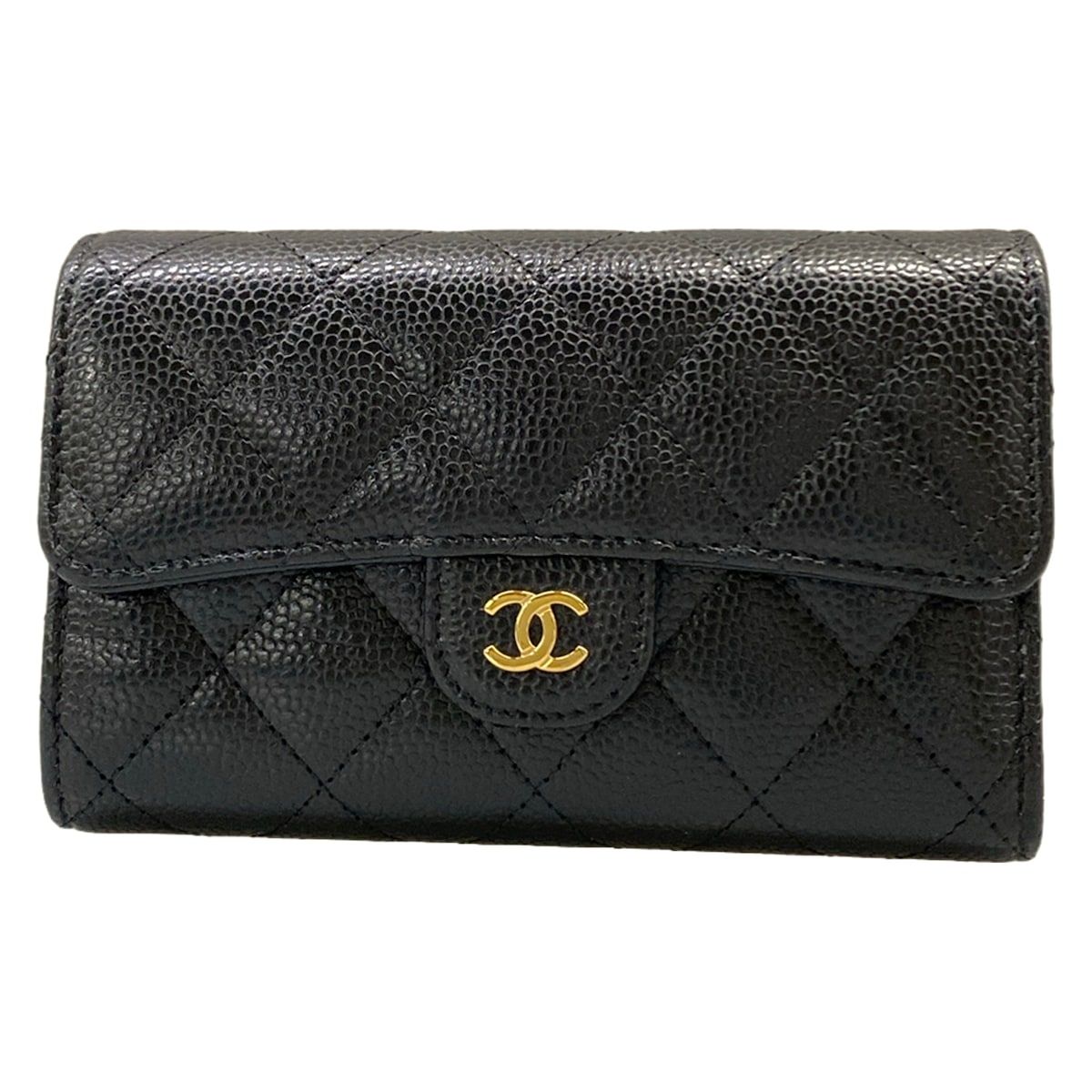 Chanel Trifold Wallet Classic Flap Quilted Black Gold Handbag
