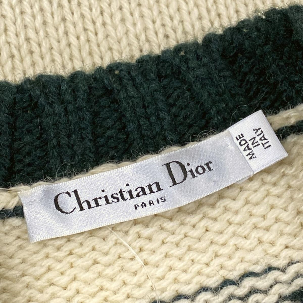 Dior Long Sleeve Sweater I 40 Ivory Dark Green Wool — view 3