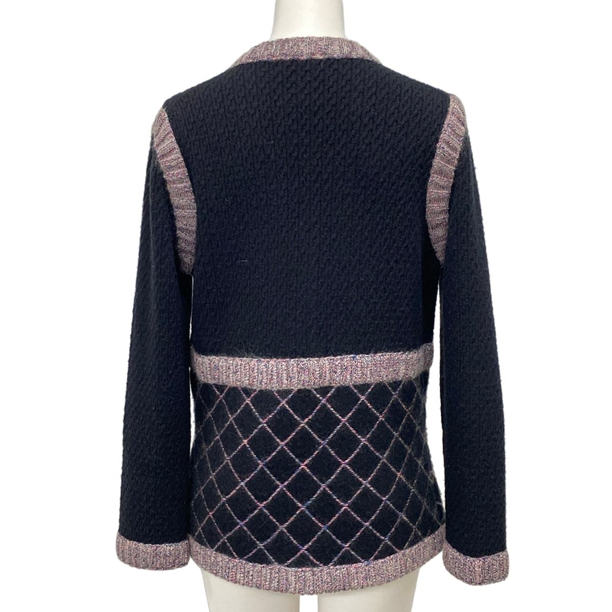 Chanel Cardigan 38 M Black Pink Multi Long Sleeve Camellia Cashmere Silk — view 2