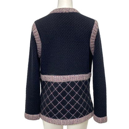 Chanel Cardigan 38 M Black Pink Multi Long Sleeve Camellia Cashmere Silk — view 2
