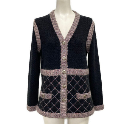 Chanel Cardigan 38 M Black Pink Multi Long Sleeve Camellia Cashmere Silk