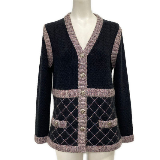Chanel Cardigan 38 M Black Pink Multi Long Sleeve Camellia Cashmere Silk