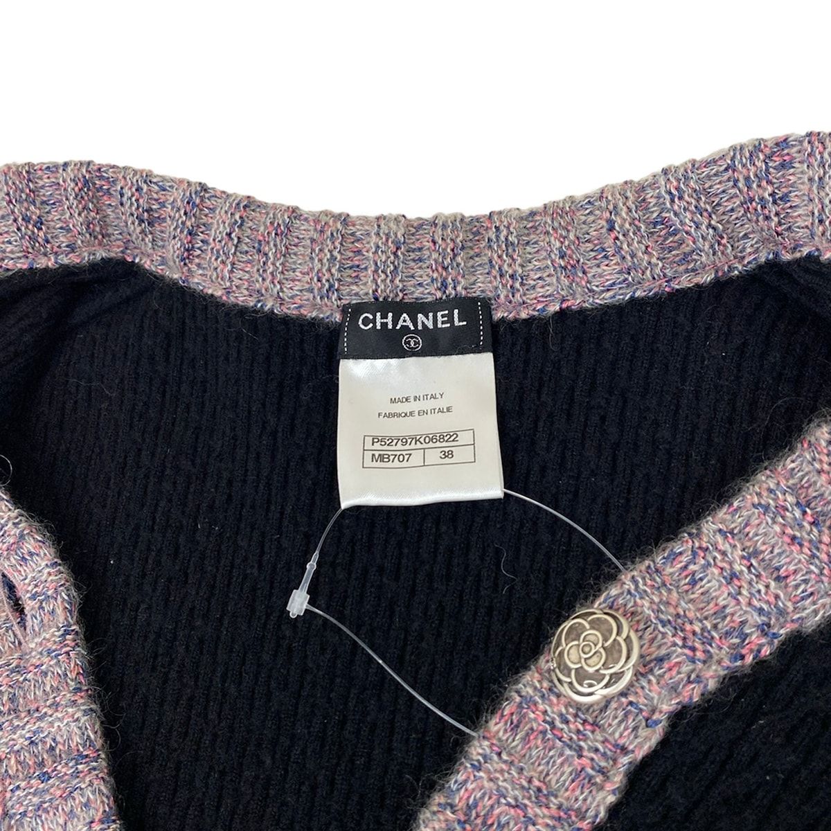 Chanel Cardigan 38 M Black Pink Multi Long Sleeve Camellia Cashmere Silk — view 7