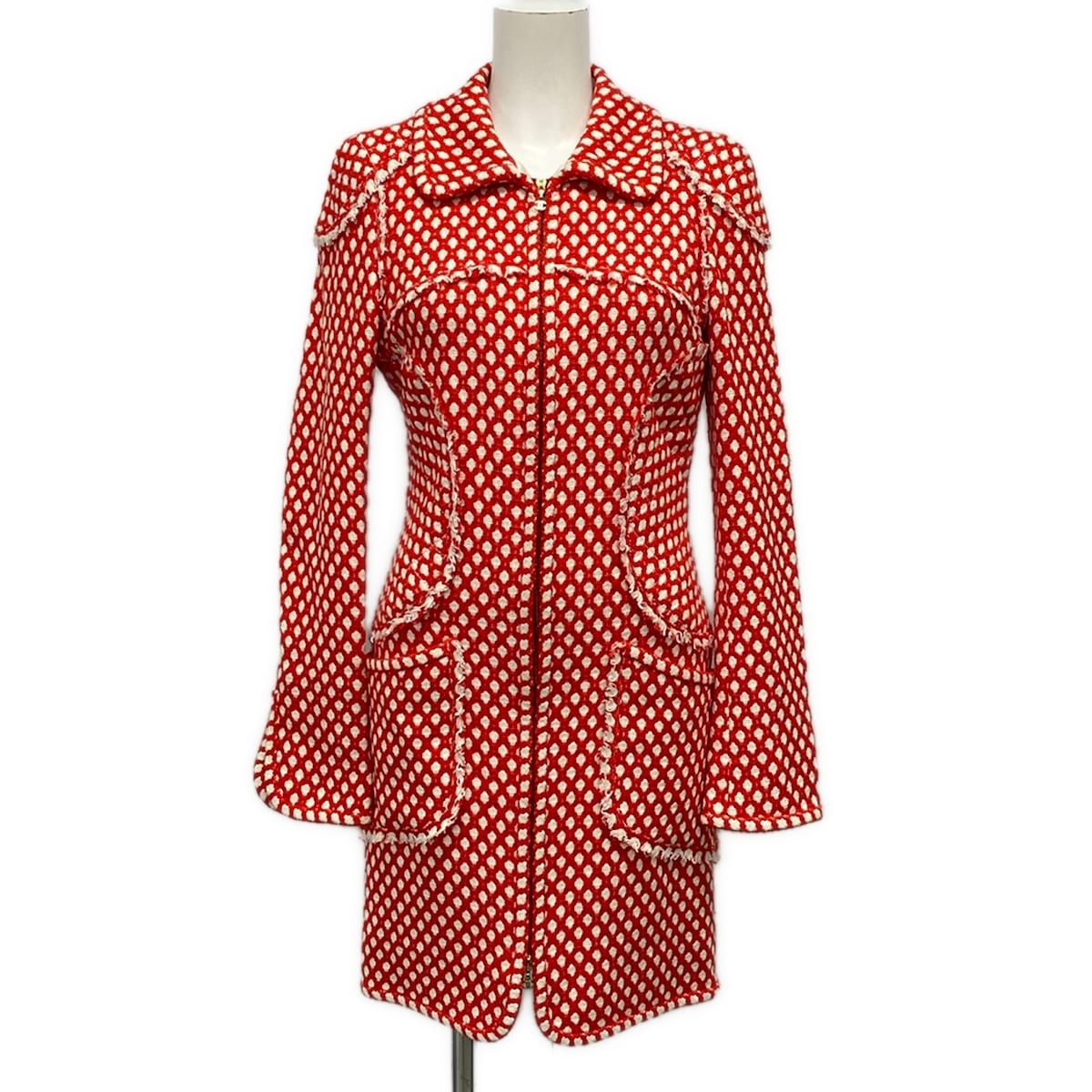 Chanel Coat 34 S Red Ivory Tweed Fringe Zip Up Long Sleeve