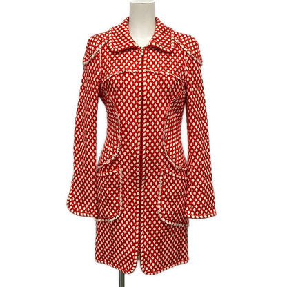Chanel Coat 34 S Red Ivory Tweed Fringe Zip Up Long Sleeve