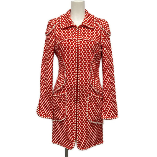 Chanel Coat 34 S Red Ivory Tweed Fringe Zip Up Long Sleeve