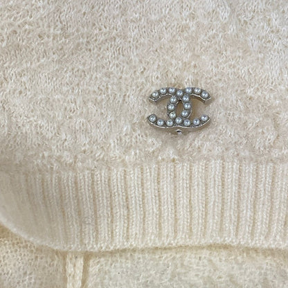 Chanel Short Sleeve Sweater 36 S Ivory Faux Pearl — view 7