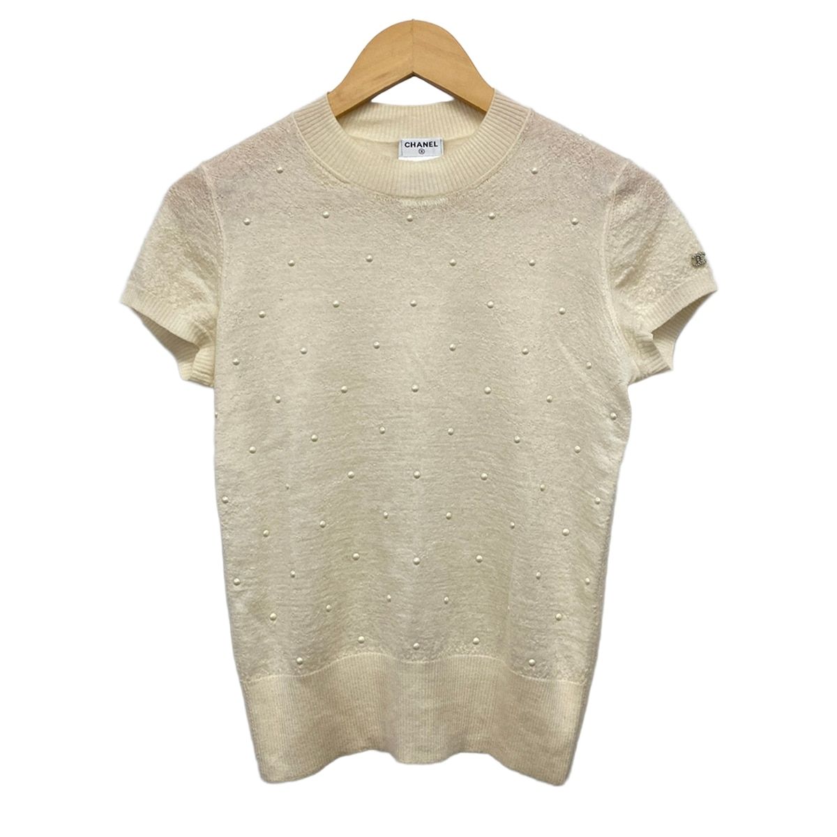 Chanel Short Sleeve Sweater 36 S Ivory Faux Pearl