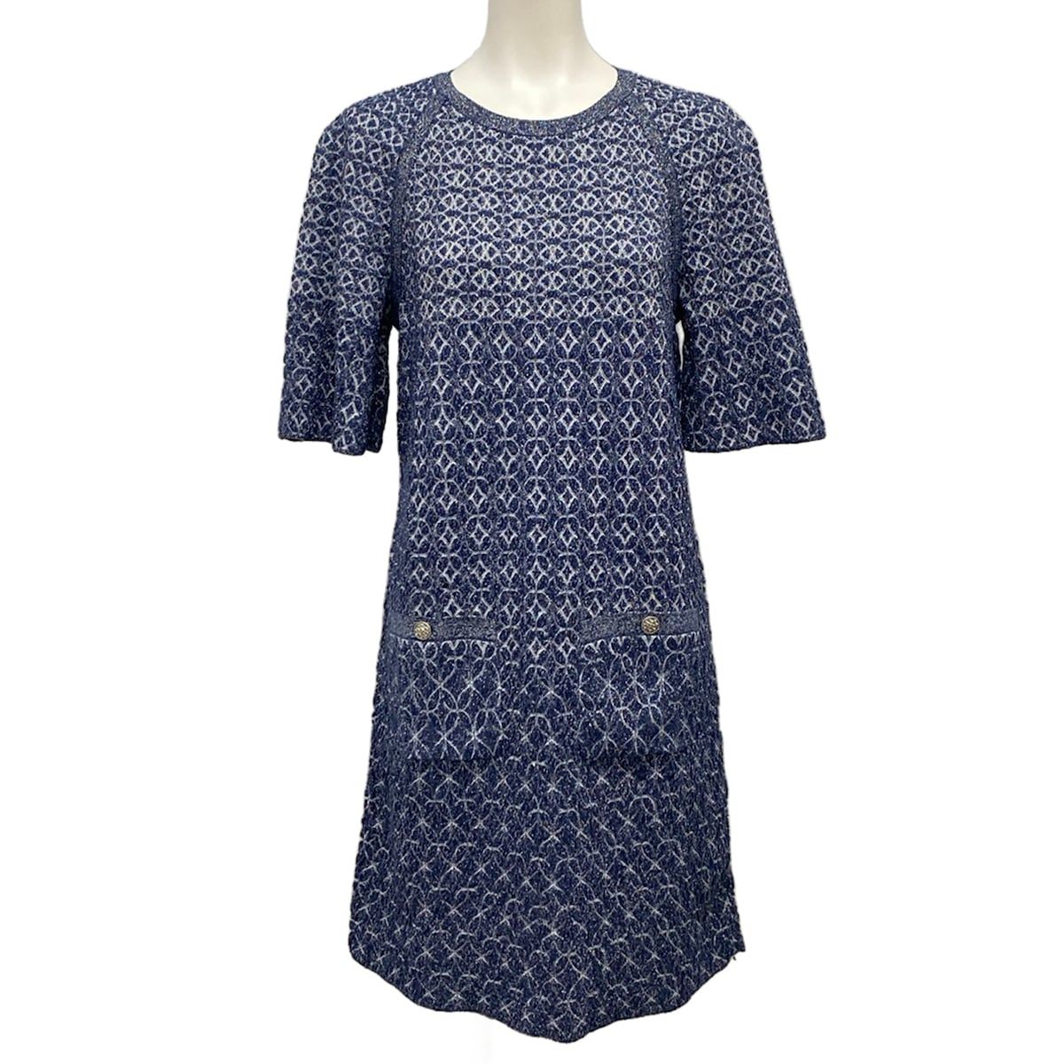 Chanel Dress 38 M Navy White Crew Neck Short Sleeve Knee Length Knit Lame Silk