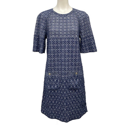 Chanel Dress 38 M Navy White Crew Neck Short Sleeve Knee Length Knit Lame Silk