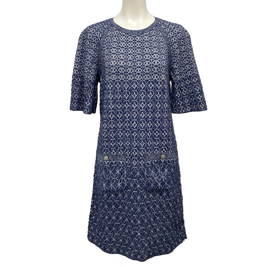 Chanel Dress 38 M Navy White Crew Neck Short Sleeve Knee Length Knit Lame Silk