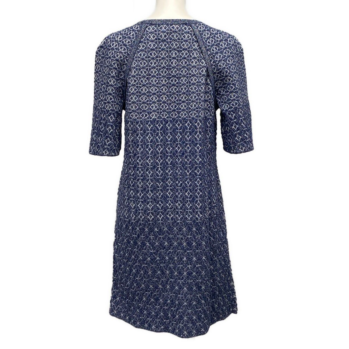 Chanel Dress 38 M Navy White Crew Neck Short Sleeve Knee Length Knit Lame Silk — view 2