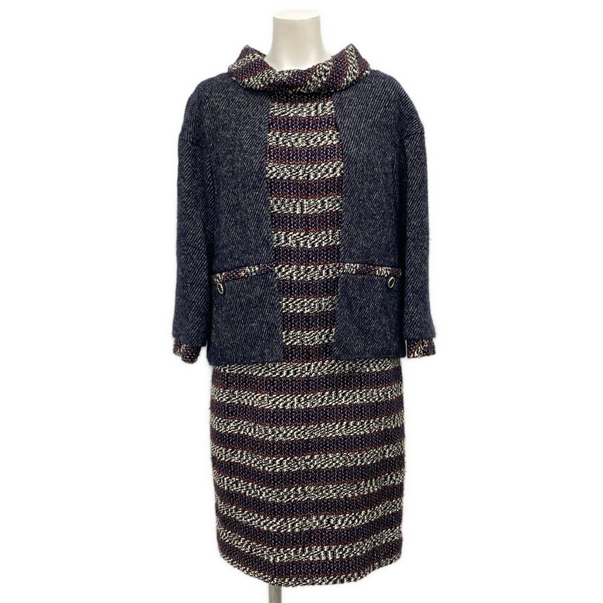 Chanel Dress 38 M Navy Red Multi Docking Lame Long Sleeve Knee Length Wool Silk