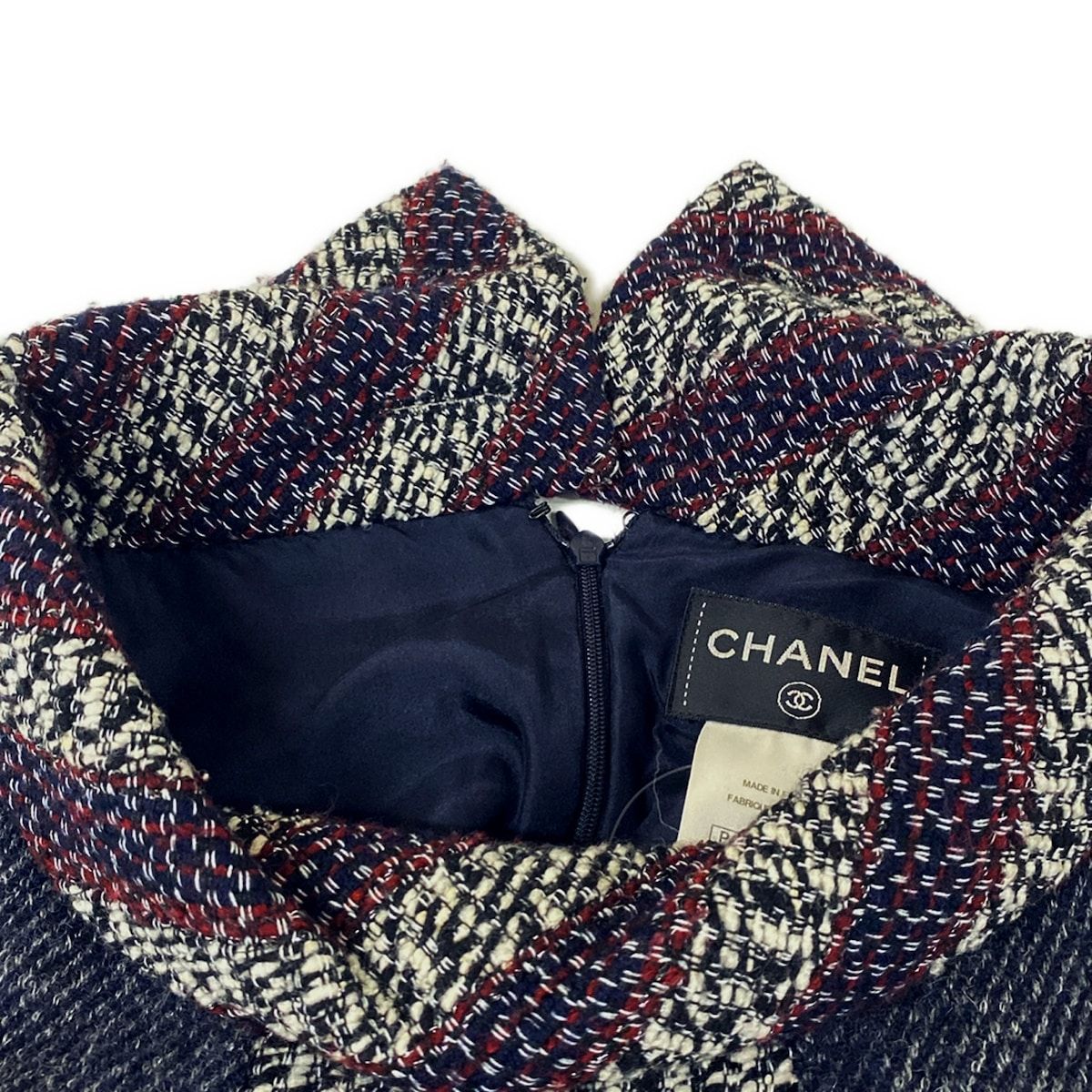 Chanel Dress 38 M Navy Red Multi Docking Lame Long Sleeve Knee Length Wool Silk — view 7