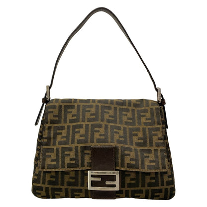 Fendi Shoulder Bag Mamma Bucket Zucca Pattern Beige Black Dark Brown Leather