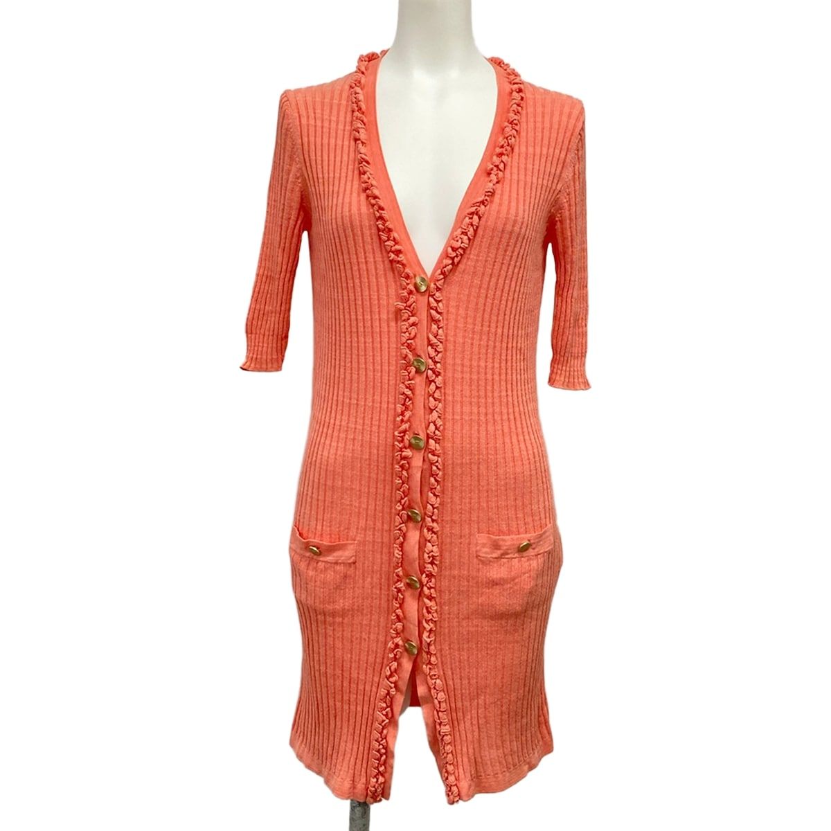 Chanel Cardigan 36 S Salmon Pink Short Sleeve Long Length Cotton