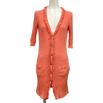 Chanel Cardigan 36 S Salmon Pink Short Sleeve Long Length Cotton