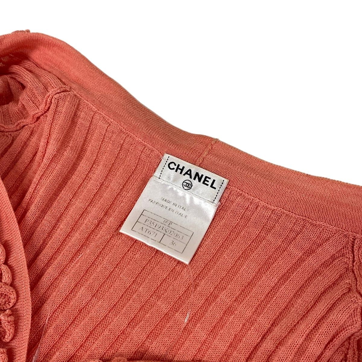Chanel Cardigan 36 S Salmon Pink Short Sleeve Long Length Cotton — view 9