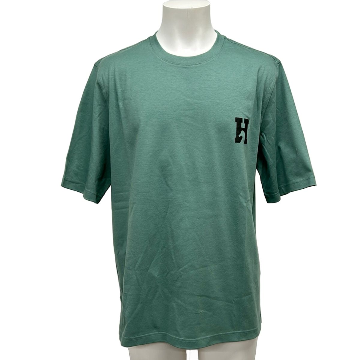 Hermes Short Sleeve T-Shirt S Light Green Black Crew Neck Cotton