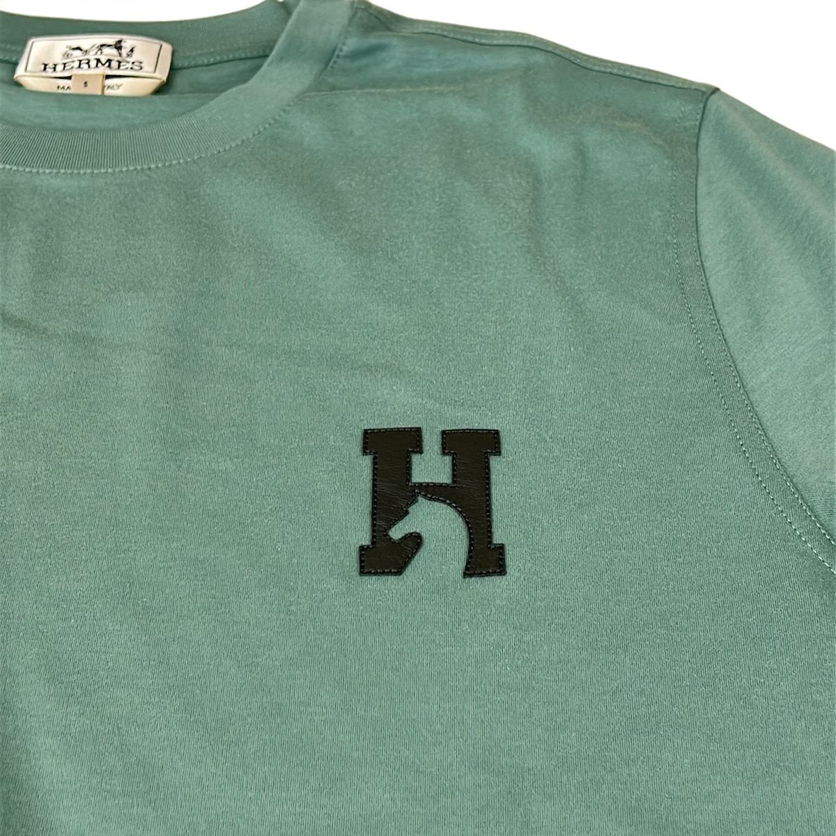 Hermes Short Sleeve T-Shirt S Light Green Black Crew Neck Cotton — view 9